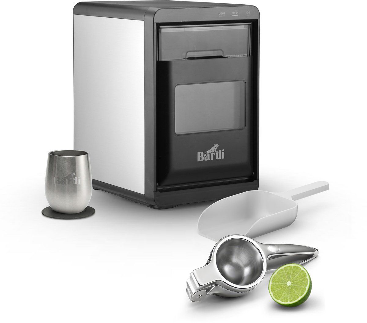 Bardi 1,8L Deluxe IJsblokjesmachine - Crushed ICE machine - Nugget IJsblokjesmachine - LED Verlichting - 20Kg/24 uur. inclusief Thermosbeker - RVS/ZWART met citruspers RVS