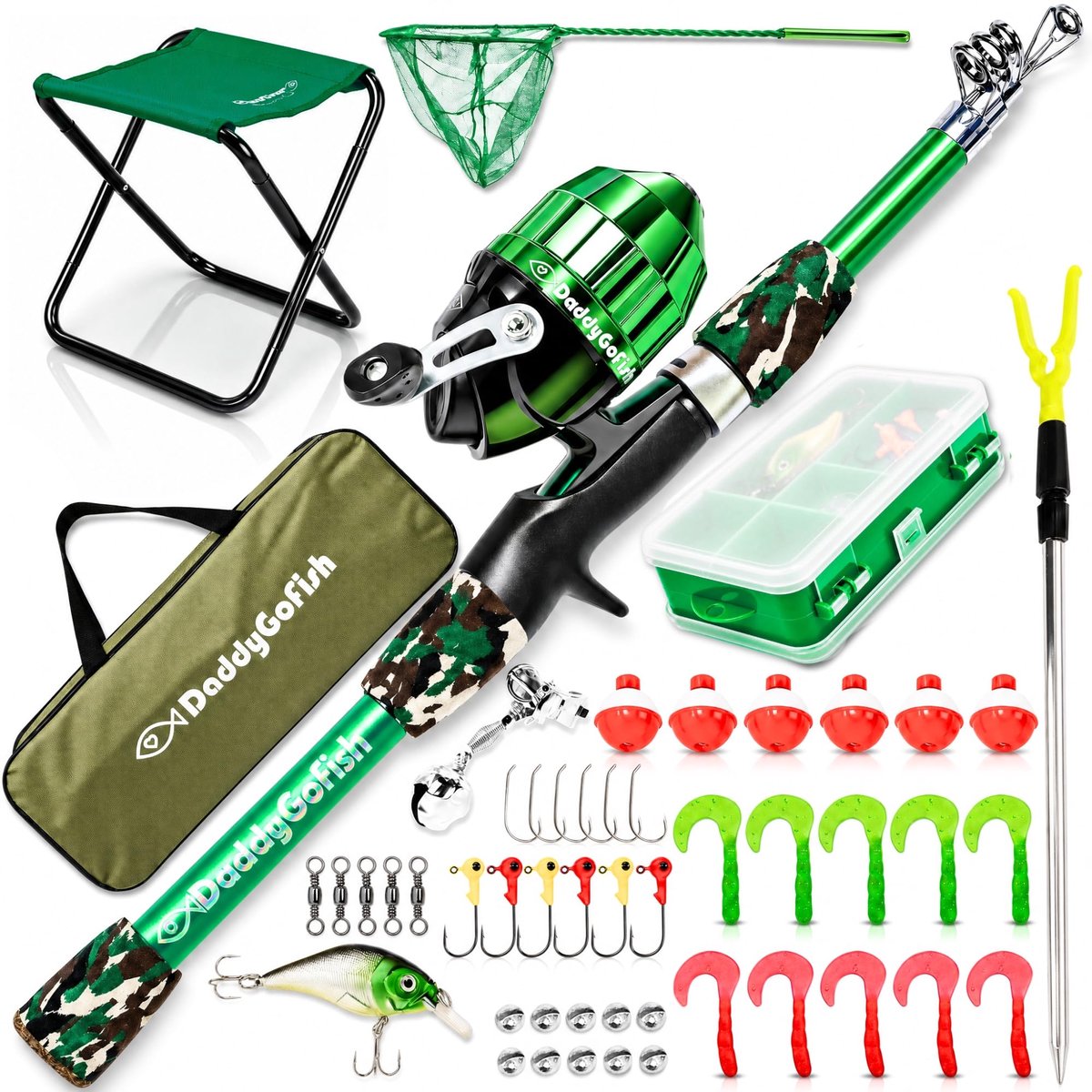 SnelShoppen - DaddyGoFish Visserijstok voor Kinderen - Telescopische Stang en Reel Combo met Tackle Box, Visnet, Inklapbare Stoel, Stanghouder en Draa