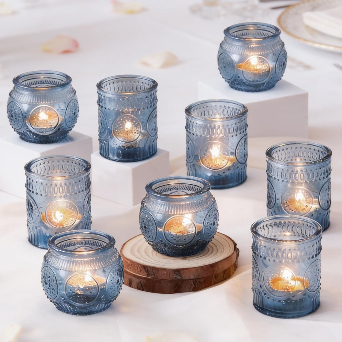 SnelShoppen - Glazen Theelichthouder Votief Kandelaars Set van 12 - Blauw - Perfect voor Bruiloft, Feestjes, Woondecoratie, en Middelpunten