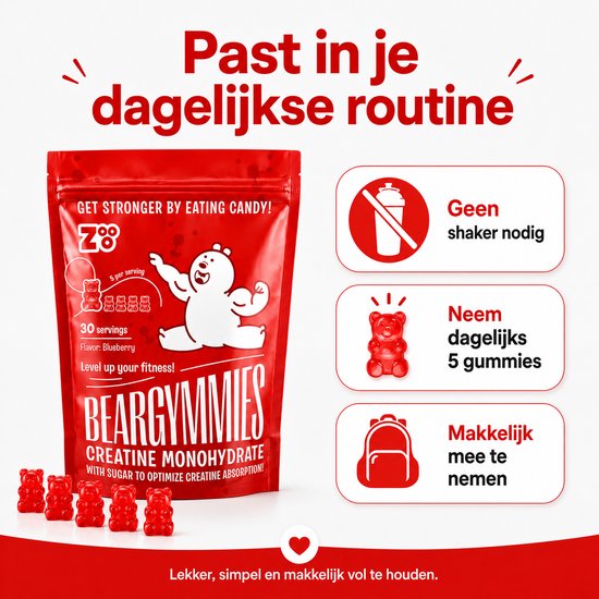 Rode zak met "BEARGYMMIES CREATINE MONOHYDRATE". 5 rode beren snoepjes, rugzak, kalender en flesicoon. "Past in je dagelijkse routine".