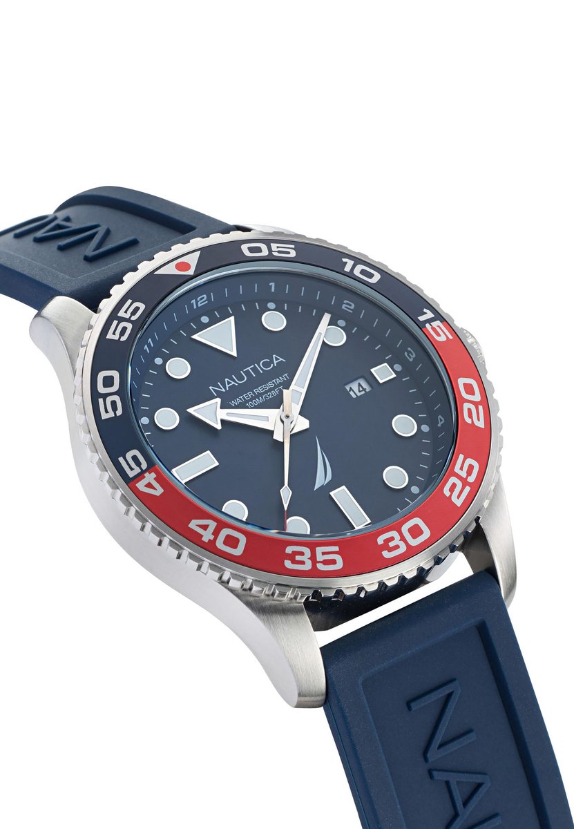Nautica Pacific Beach Kwarts Analoog Horloge Blauw Kast Gemaakt Van 100% Roestvrij Staal En Een Bandje Van 100% Siliconen 43 NAPPBF144