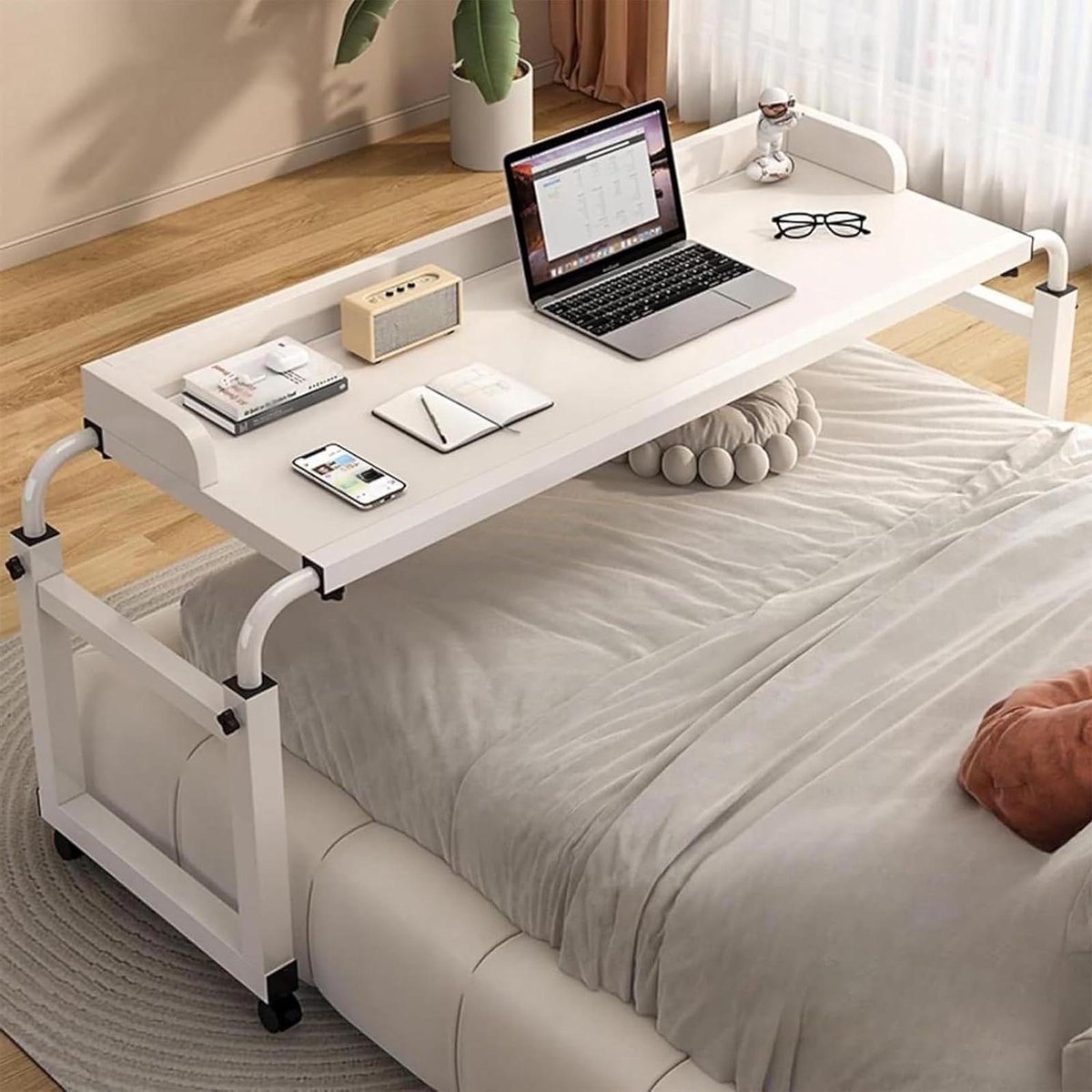 Bureau Boven Bed - Bedtafel Roltafel - Werken en Eten - Verstelbaar Lengte Hoogte - 115-210 cm - Wit