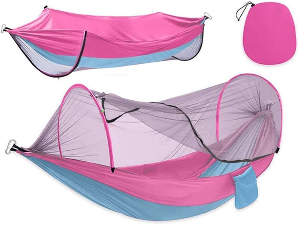 Kampeerhangmat met Klamboe - Hangmat Klamboe - Buiten Ontspannen - Automatisch Openend - 260x140 cm - Roze