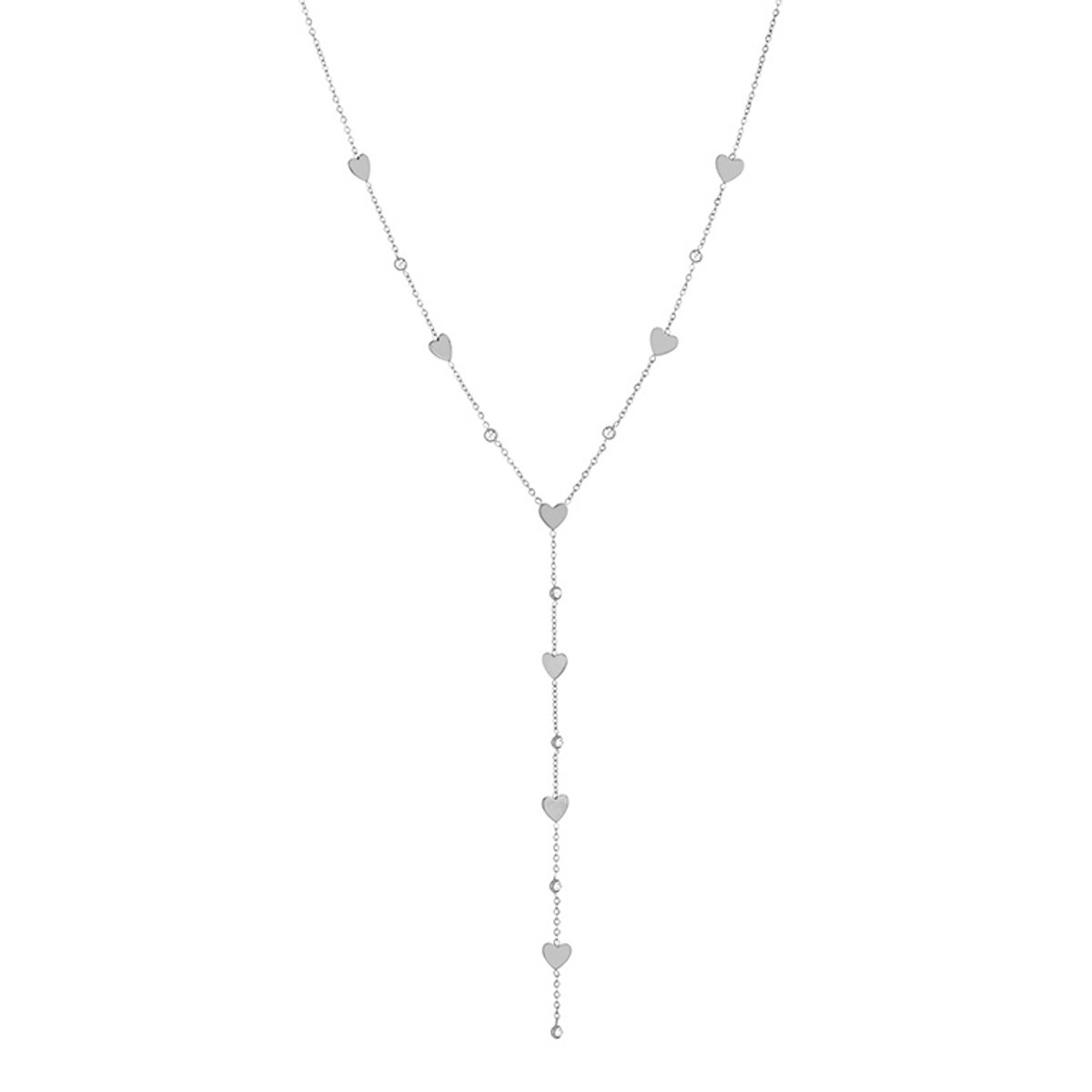 Luxe Y-Ketting Stainless Steel - Elegante Schakelketting met Hartjes en Zirkonia - Chique Dames Sieraad - Zilver