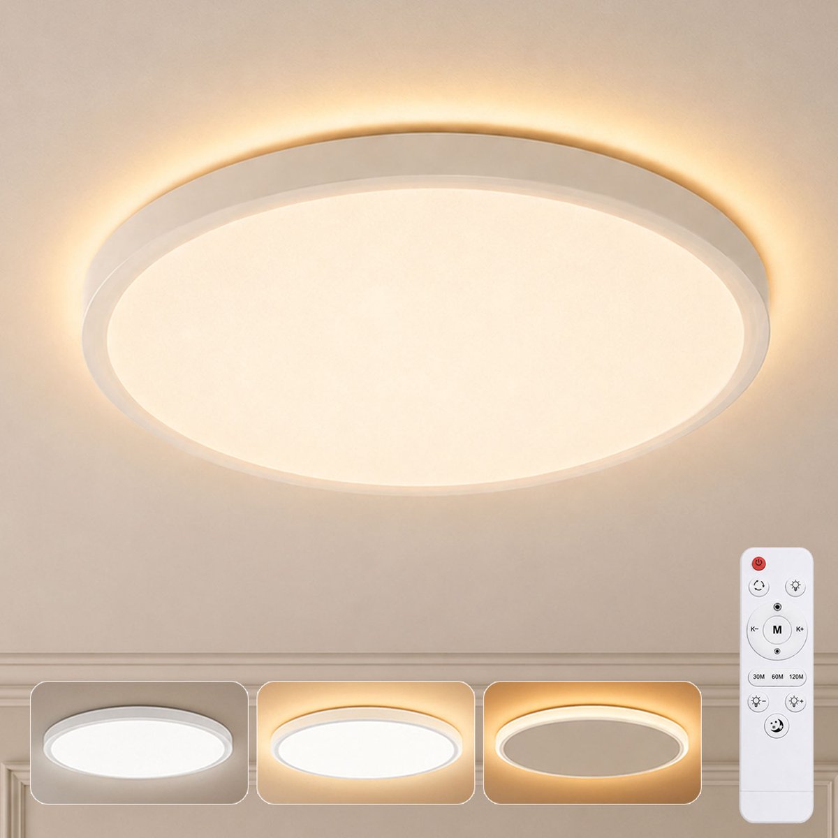 Rosnek LED Plafondlamp met 1800K Nachtlicht - 24W 3200 lm Dimbare CCT 3000K-6500K - Afstandsbediening, Timer en Geheugenfunctie - Ultradun Rond Wit 29 cm - voor Slaapkamer en Kinderkamer