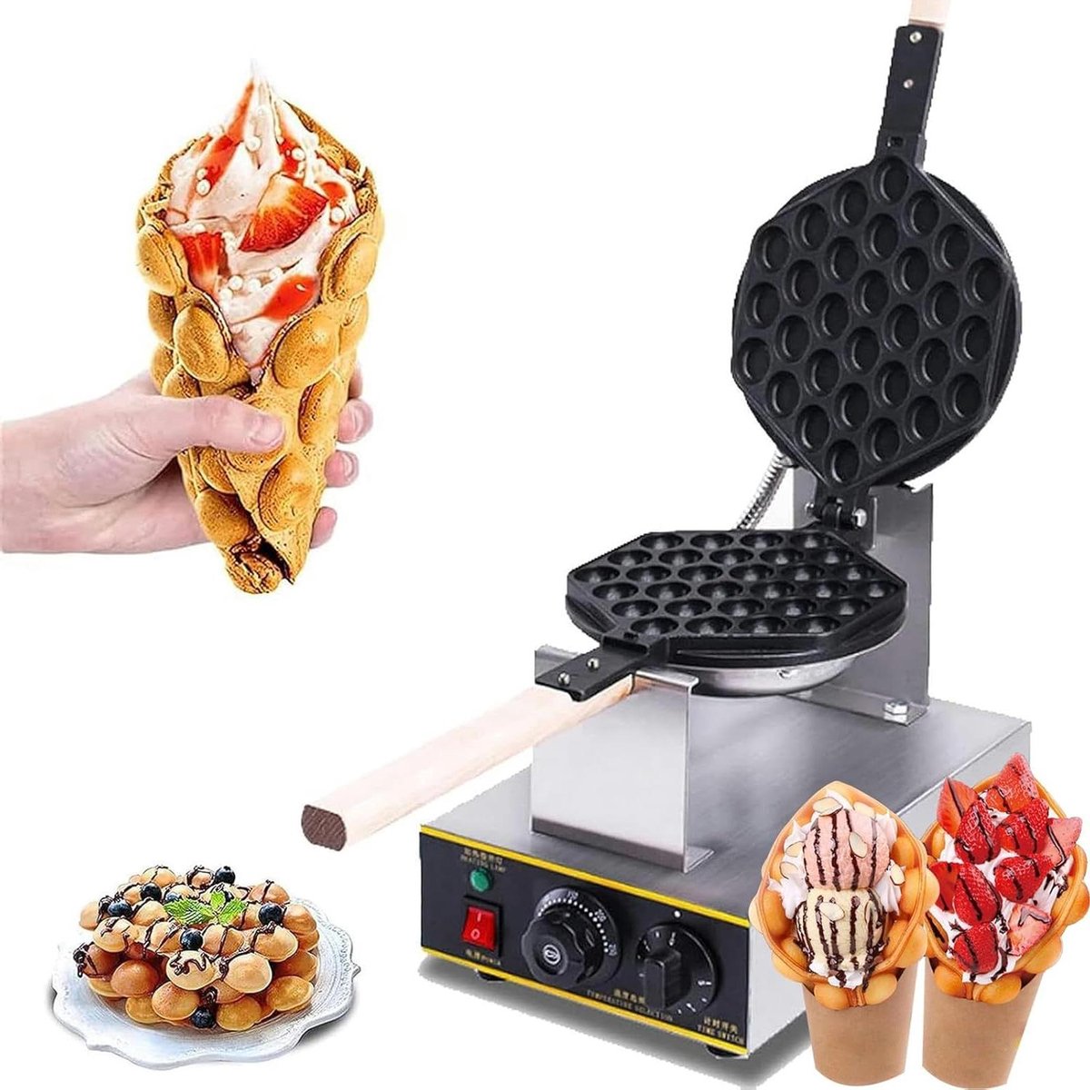 Bubble Waffle Maker - Eiercake Machine - Desserts Maken - 180° Roterend - 20 cm Diameter - Zilver