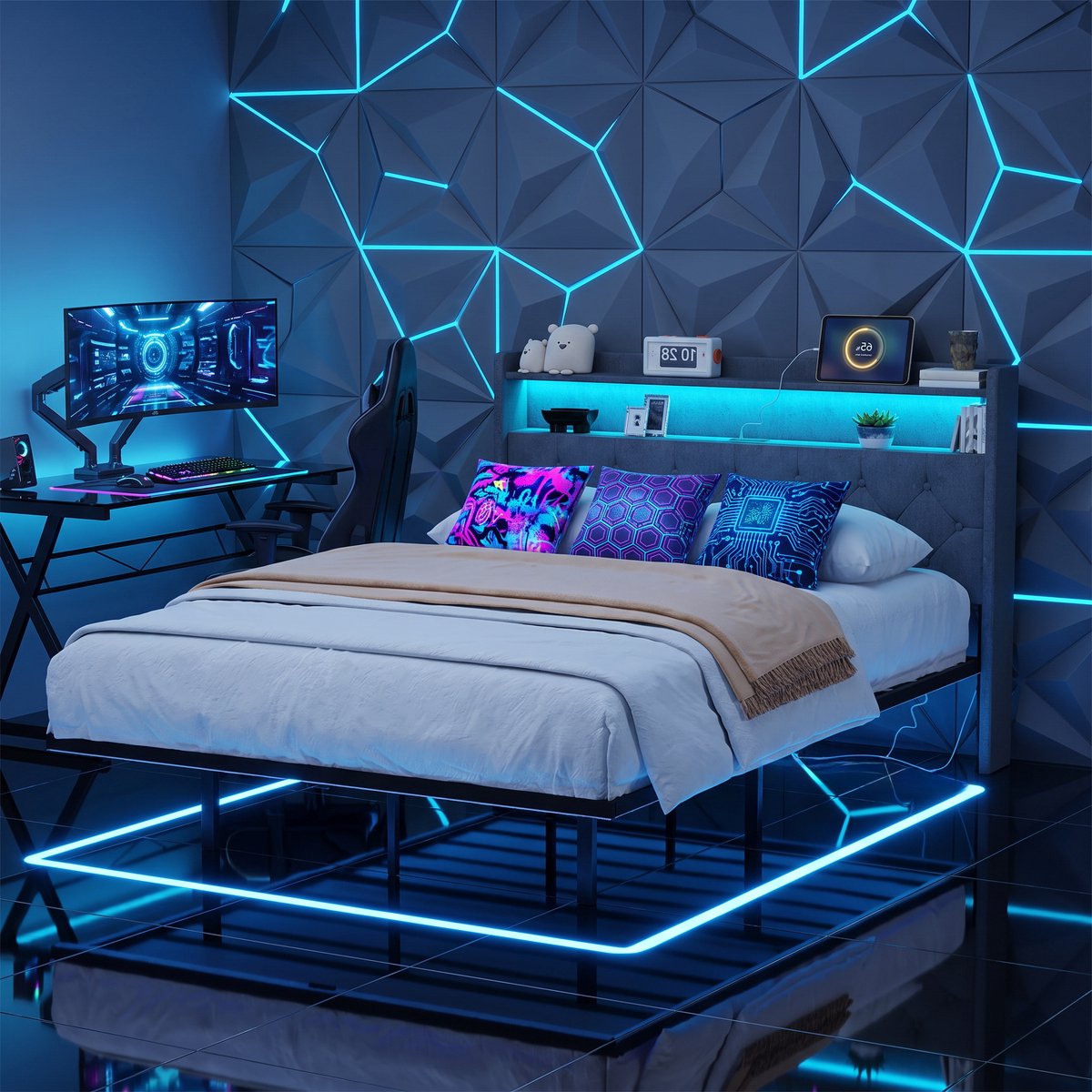 Bealife AF21 Bedframe - 140×200 cm – Gestoffeerd Tweepersoonsbed met LED-verlichting, USB & Type-C Poorten- Opberghoofdbord – Zwevend design - Donkergrijs