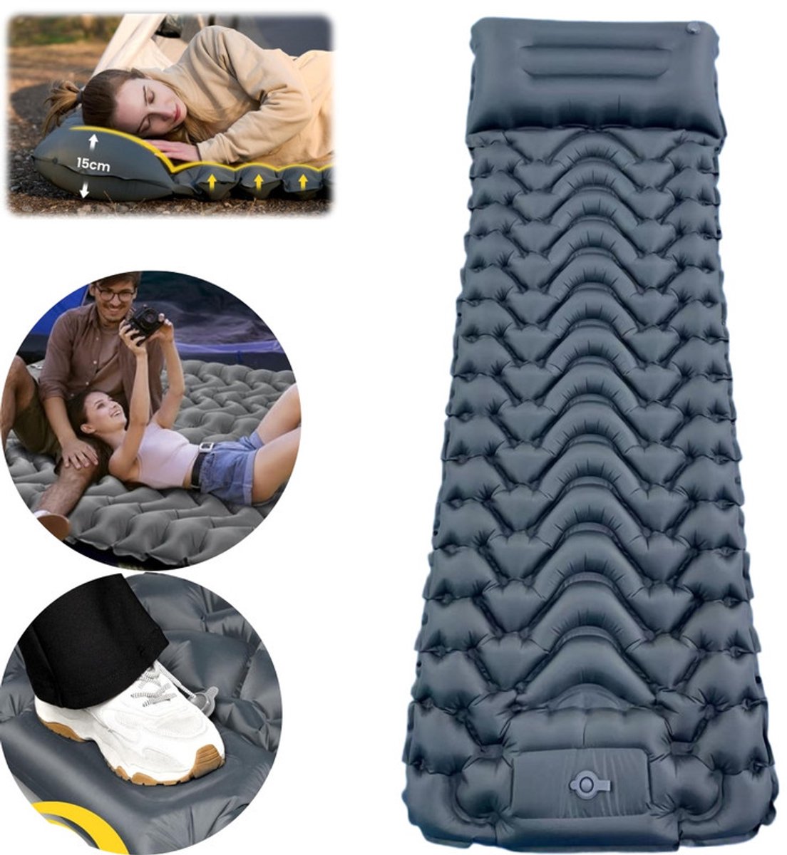 Zelfopblazend luchtmatras voor kamperen - Draagbaar opblaasbaar slaapmatje-Opblaasbaar matje voor buiten-Met de voet te bedienen opblaasmatras-Compact formaat-Geschikt voor kamperen, buitenactiviteiten, wandelen, tenten en andere situaties-198*70 cm
