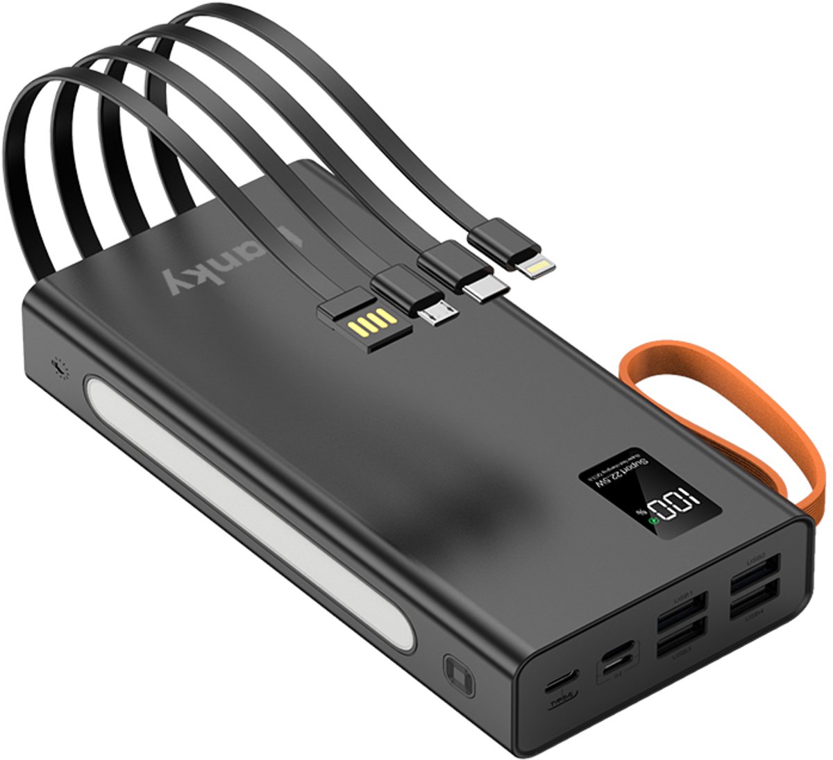 Banky Powerbank 30.000 mAh - 22,5W Snellader - 4 Ingebouwde Kabels - 5 Poorten - Zaklamp - Zwart