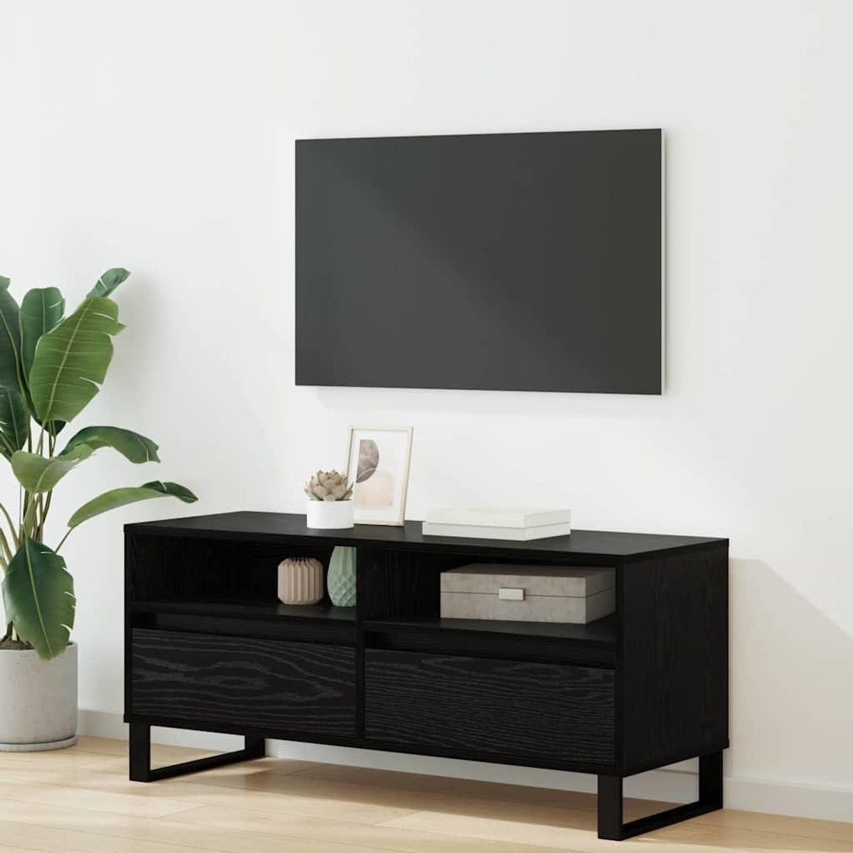 TV-kast - Lowboard mediakast - Woonkamer organiseren - Zwart eiken-look structuur - 100 x 345 x 445 cm - Zwart