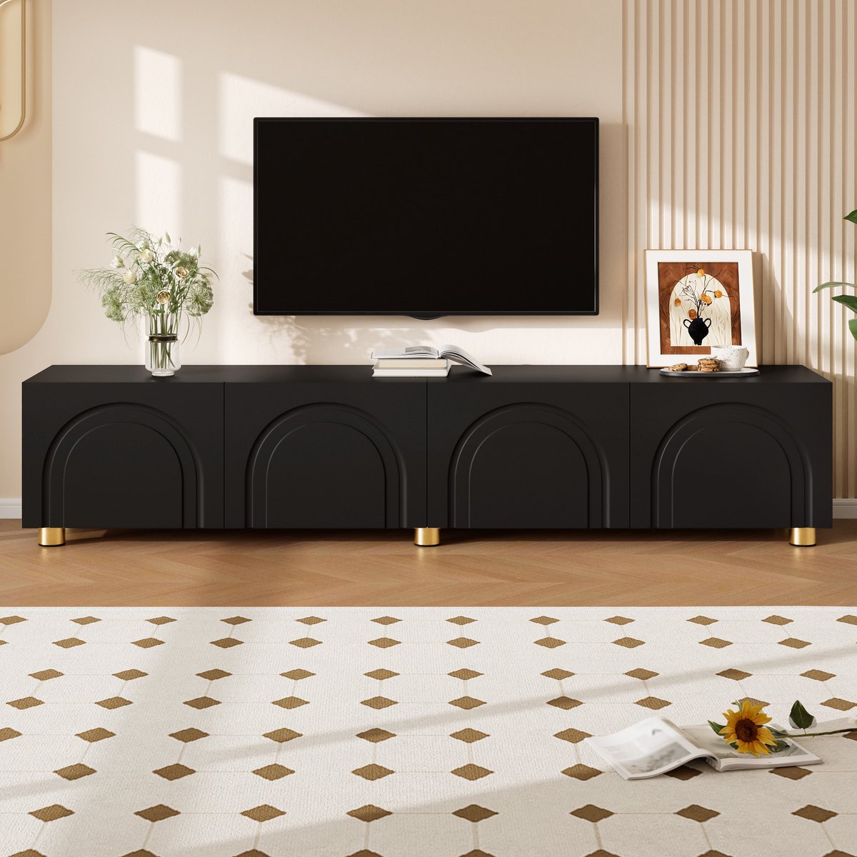 VVBV TV-Meubel 180 cm - Zwart Lowboard met 4 Deuren, 3D-Boogreliëf, Metalen Poten, MDF, Spaanplaat, Opbergruimte, TV-Dressoir