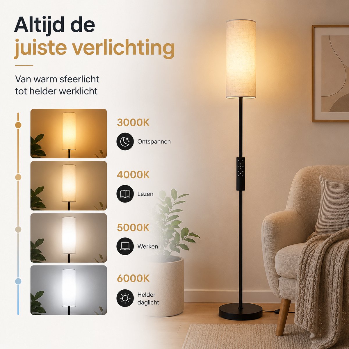 Vloerlamp - Staande Lamp - Helderheid & Lichtkleur Verstelbaar - Met Afstandsbediening - Leeslamp - Staanlamp - Staande Lampen Woonkamer - Stalamp - Smartlamp - Booglamp - Linnen Kap thumbnail 2