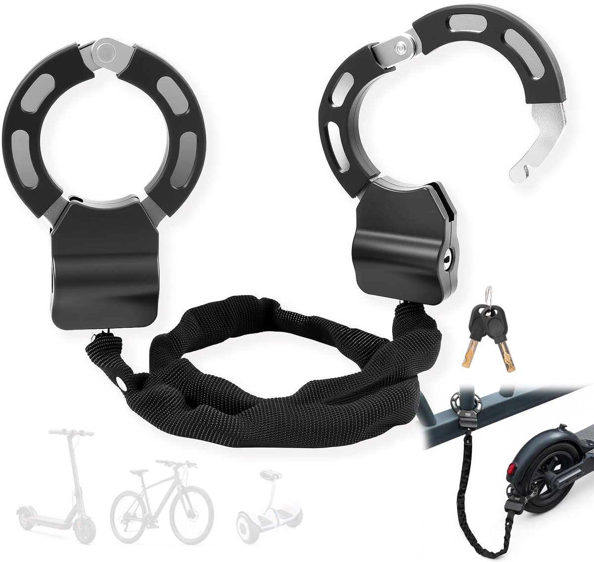 SnelShoppen - E Scooter Slot Handboei Slot met Sleutel, Hoogveiligheid Fietsslot met Krasbescherming Rubberhoes, Robuust Kettingslot voor Scooter, Fie