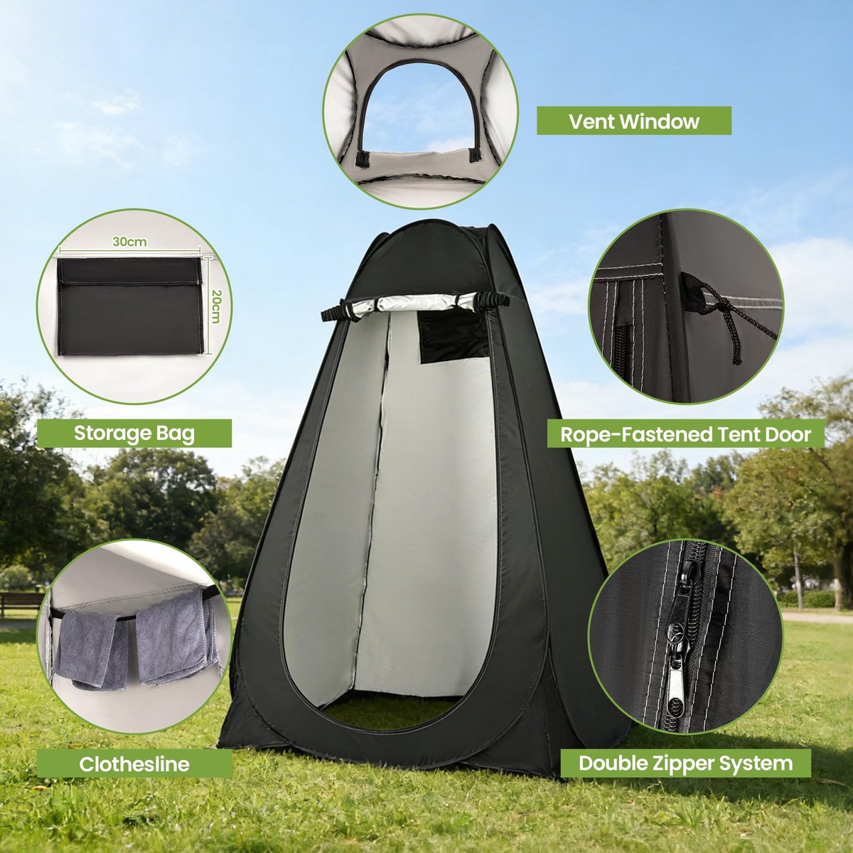 SnelShoppen - ROPODA Pop-up Douchetent Camping Douchetent Draagtas Waterdicht UV-bestendig Automatische Kleedcabine 190 cm Zwart Voor Camping Strand P