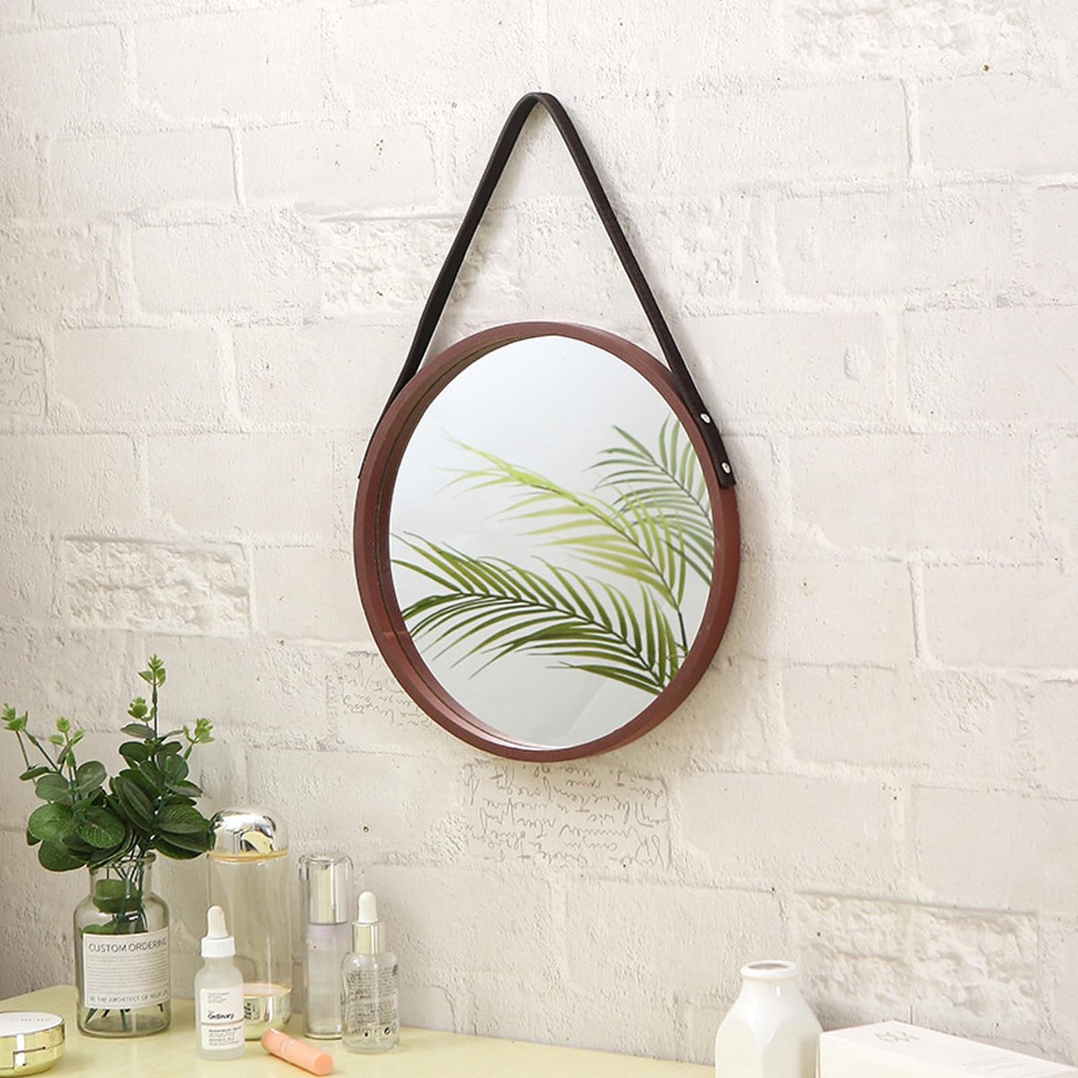 SnelShoppen - Houten frame wandspiegel met riem - 30 cm ronde hangende decoratieve spiegel voor woonkamer, slaapkamer, badkamer - Moderne wanddecorati