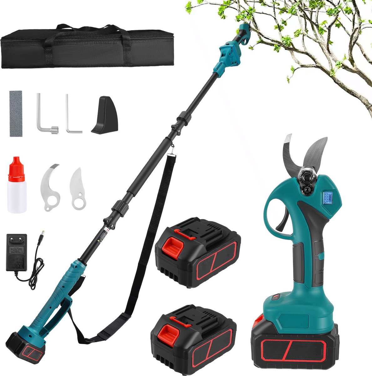 SnelShoppen - 2-in-1 elektrische snoeischaar met stang (132-230 cm) voor takken, struiken en stammen - accu-takkenschaar met 2 x 3000 mAh batterijen,