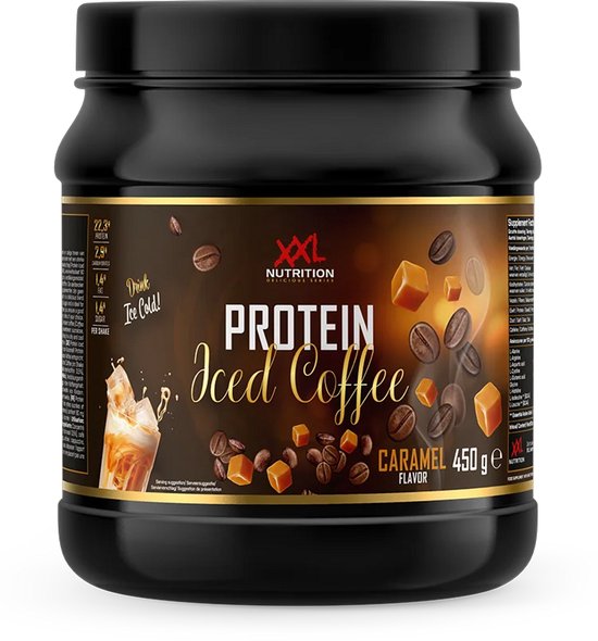 XXL Nutrition Protein Iced Coffee pot met karamelsmaak en afbeeldingen van koffiebonen en karamelblokjes.
