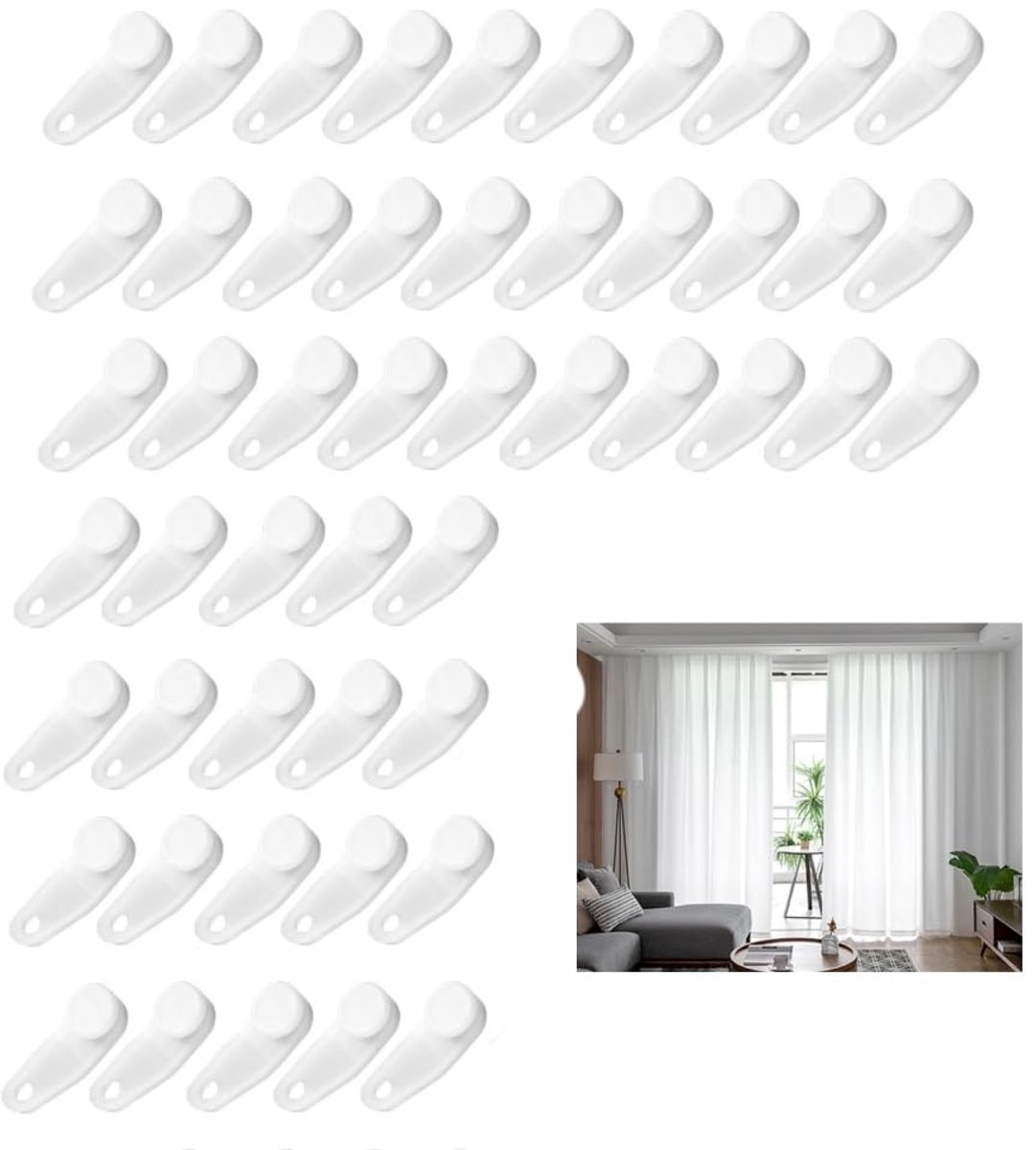Dailygoods - 50 Witte Kunststof Gordijnhaken - Eenvoudig te Monteren op Plafondrails