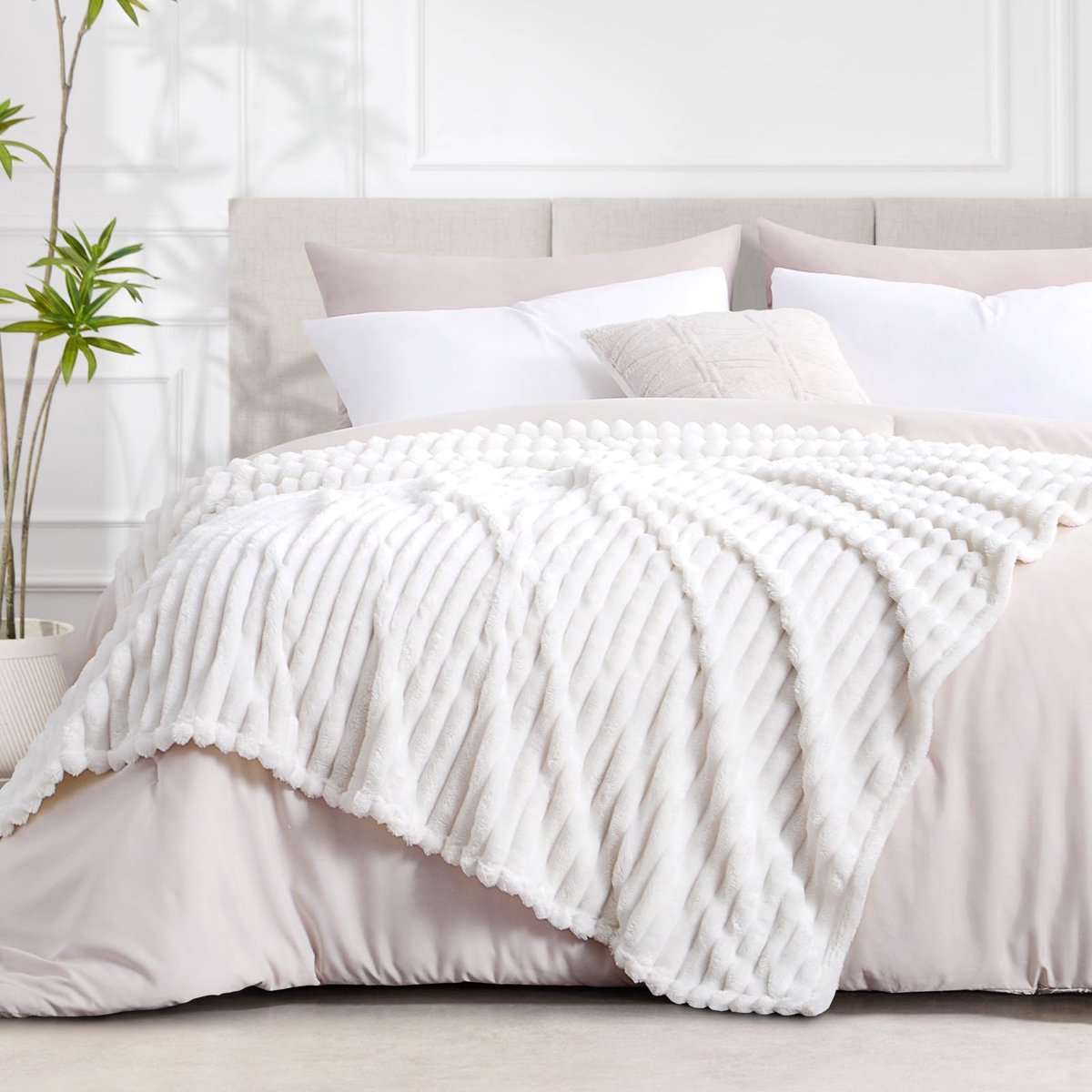 SnelShoppen - Fleece plaid 220 x 240 cm, extra zachte flanellen deken voor bed en bank, warm en comfortabel, 100% microvezel, wit, ideaal voor huis en