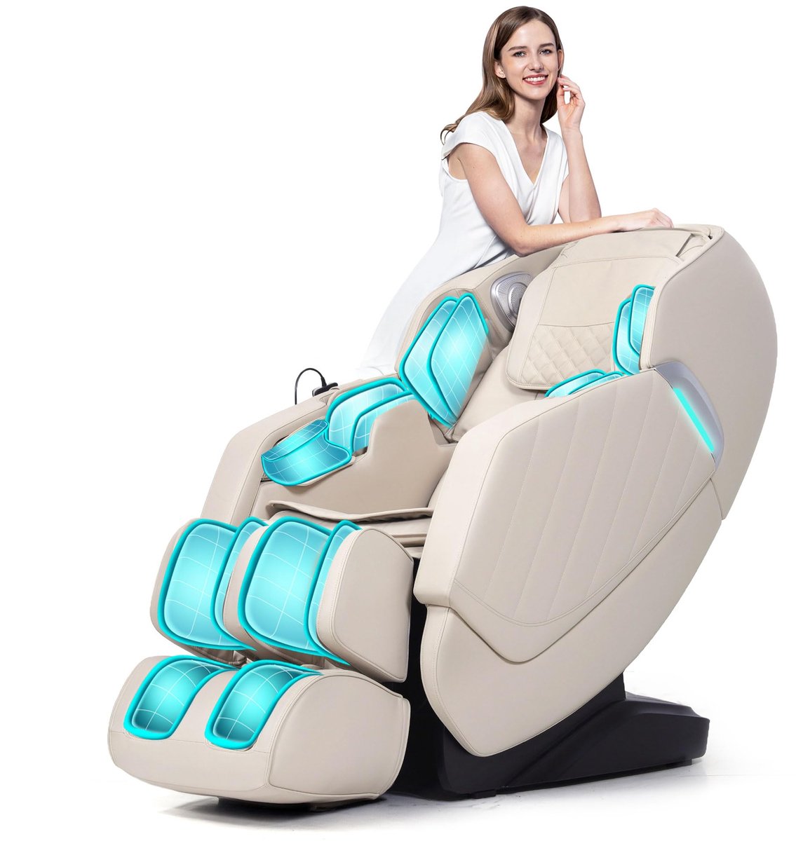 SnelShoppen - HealthRelife Massagestoel voor het hele lichaam - Intelligente Zero Gravity Relaxstoel met 3D Robotische handen, SL-rail, Beige, Bluetoo