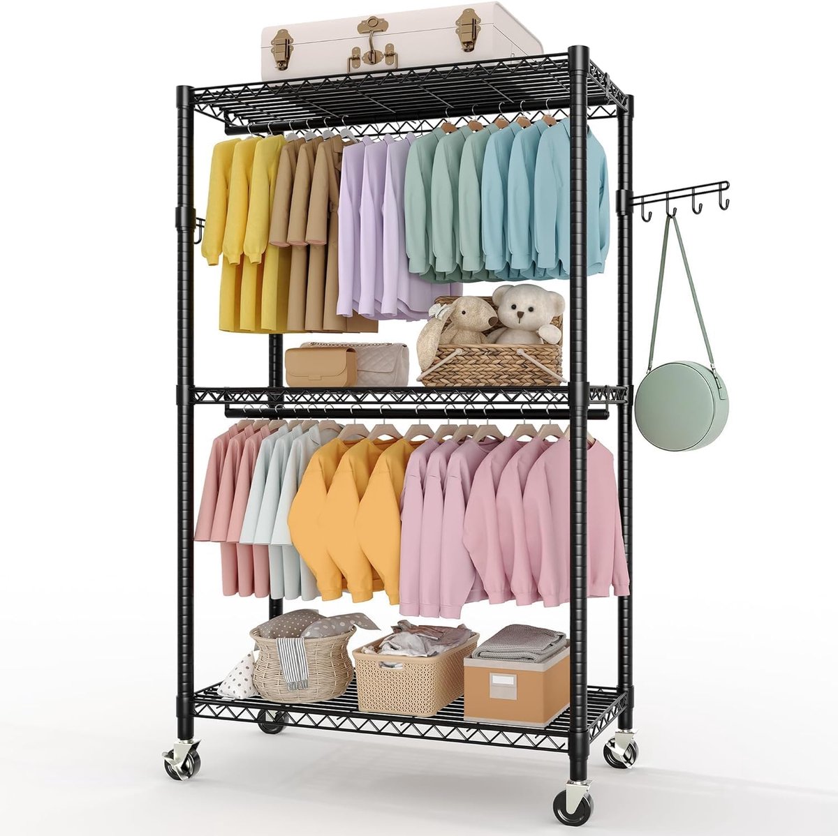 HOERFURIY Kledingrek op wielen - Metaal - 3 planken 2 stangen - Zwart - 40*115*202,3cm