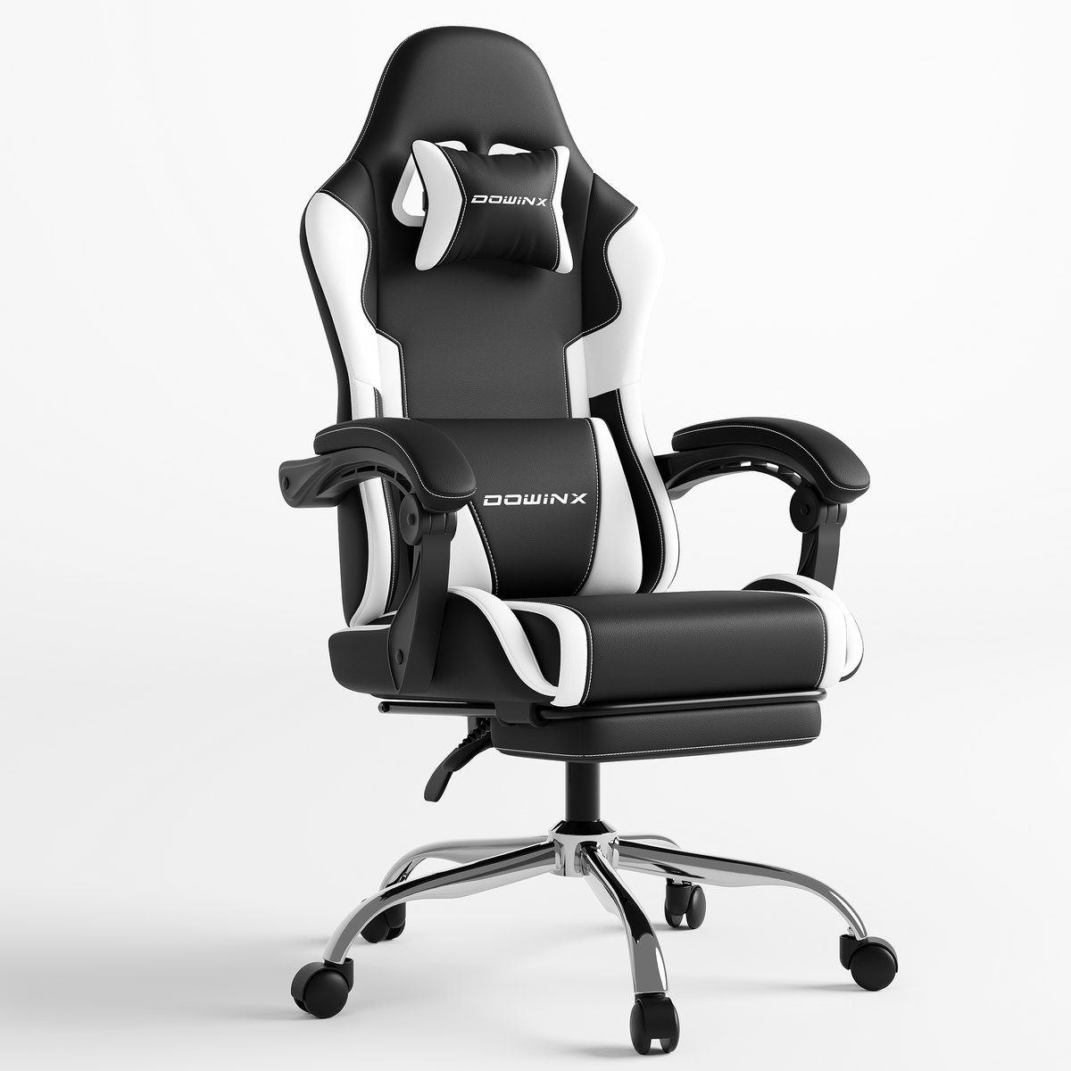 Dowinx Gaming stoel met voetsteun - Ergonomische bureaustoel met massage lendensteun - Verstelbare rugleuning en hoofdsteun - Kunstleren gaming fauteuil voor kantoor, thuis en gaming - 51x49x130 cm