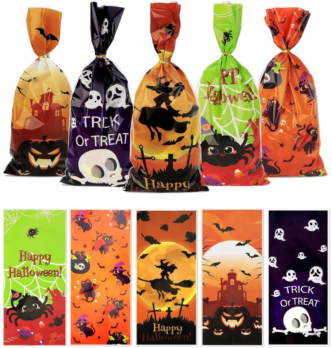 Fako Bijoux - Uitdeelzakjes Halloween Mix 3 -12.5x27.5cm - 50 Stuks - Traktatie Zakjes Voor Uitdeelcadeautjes - Uitdeelzakjes Feestje - Verjaardag - Feestje - 5 Patronen - 50 Stuks