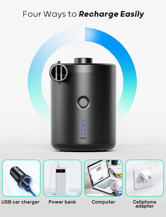SnelShoppen - Elektrische Luchtpomp Oplaadbaar, Quick-Fill Inflator Deflator met 3 Spruiten voor Camping, Isomat, Luchtmatras, Rubberboot en Meer van Snelshoppen — afbeelding 3