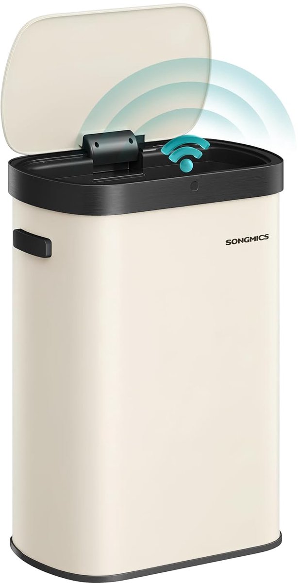 SONGMICS Keukenafvalbak met bewegingssensor, 50 liter (13 gallon), automatische afvalbak, opent door te zwaaien of aan te raken, deksel met softclose-functie, staal, inclusief 15 vuilniszakken, crèmekleur LTB640AZ02