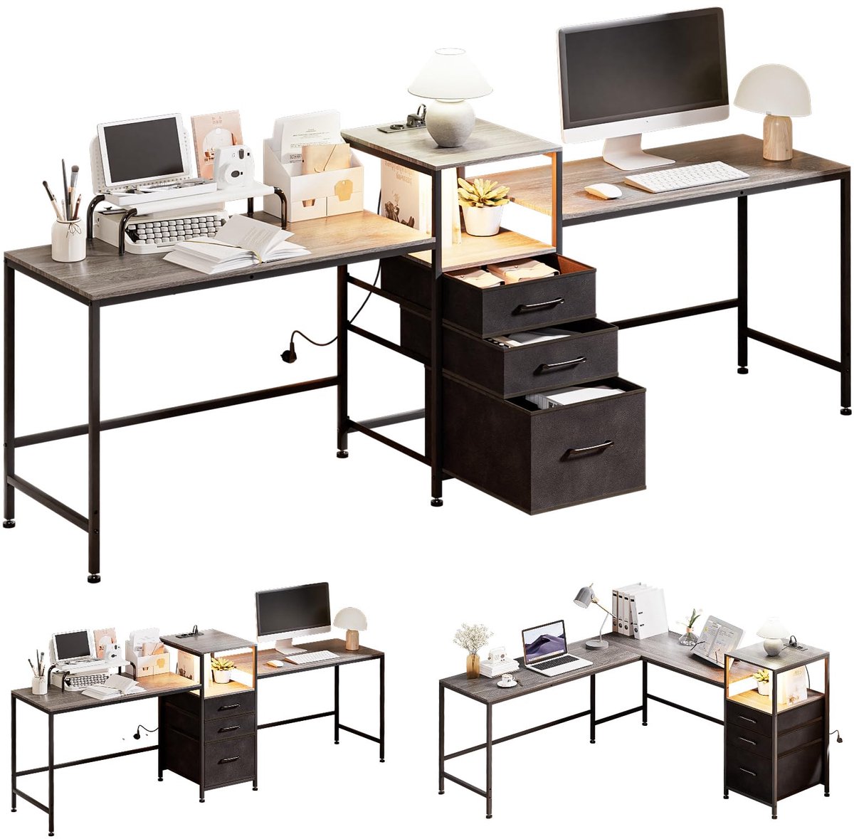 SnelShoppen - Yorbay Dubbele Bureautafel L-vorm met Stopcontacten - LED Gaming Tafel met Stoffen Laden en Printerrek - Hoekbureau voor Kantoor, Studie