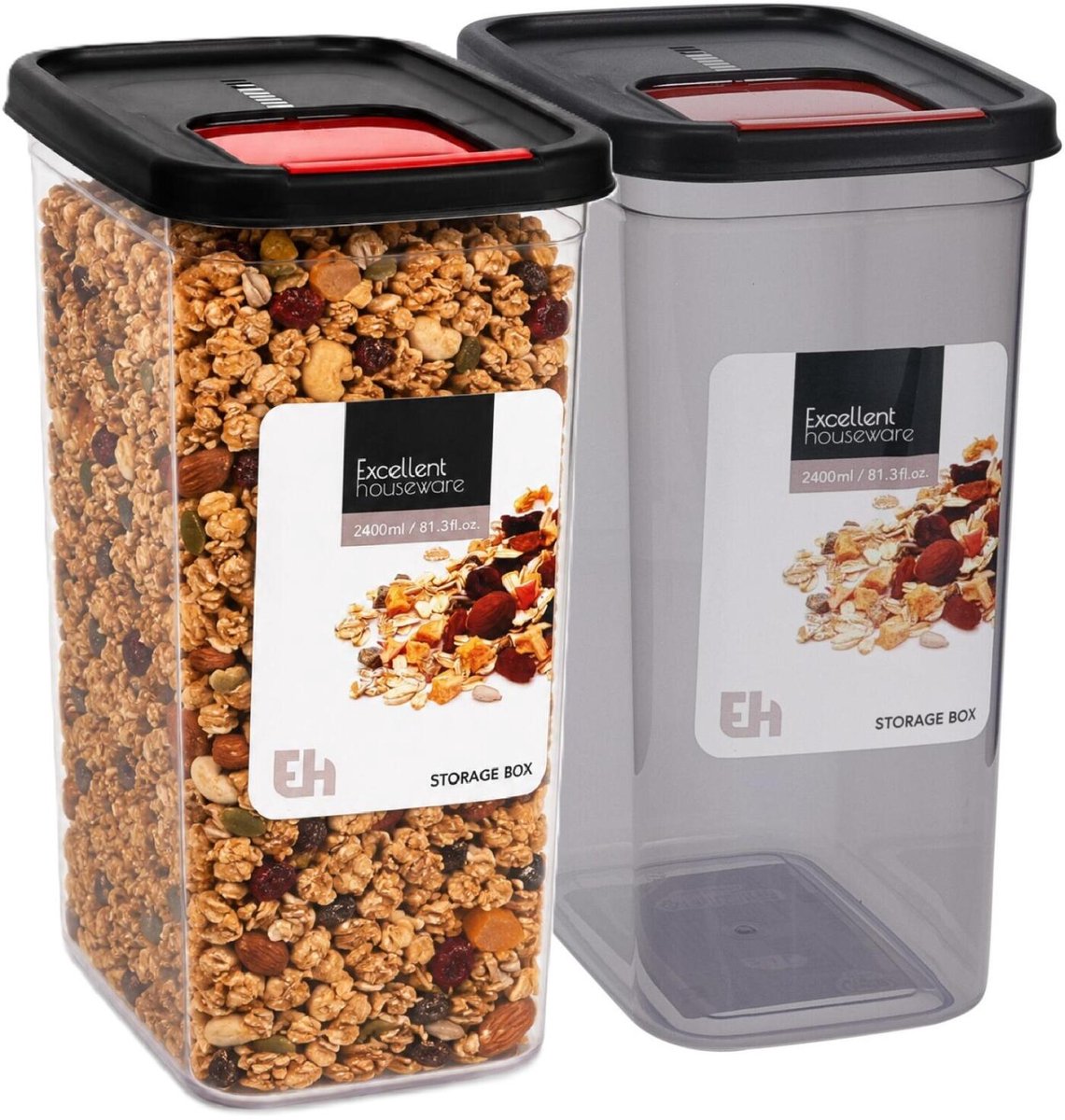 Excellent Houseware Voedselcontainer strooibus - 2x - transparant/zwart - 2400 ml - kunststof - 16 x 11 x 22 cm