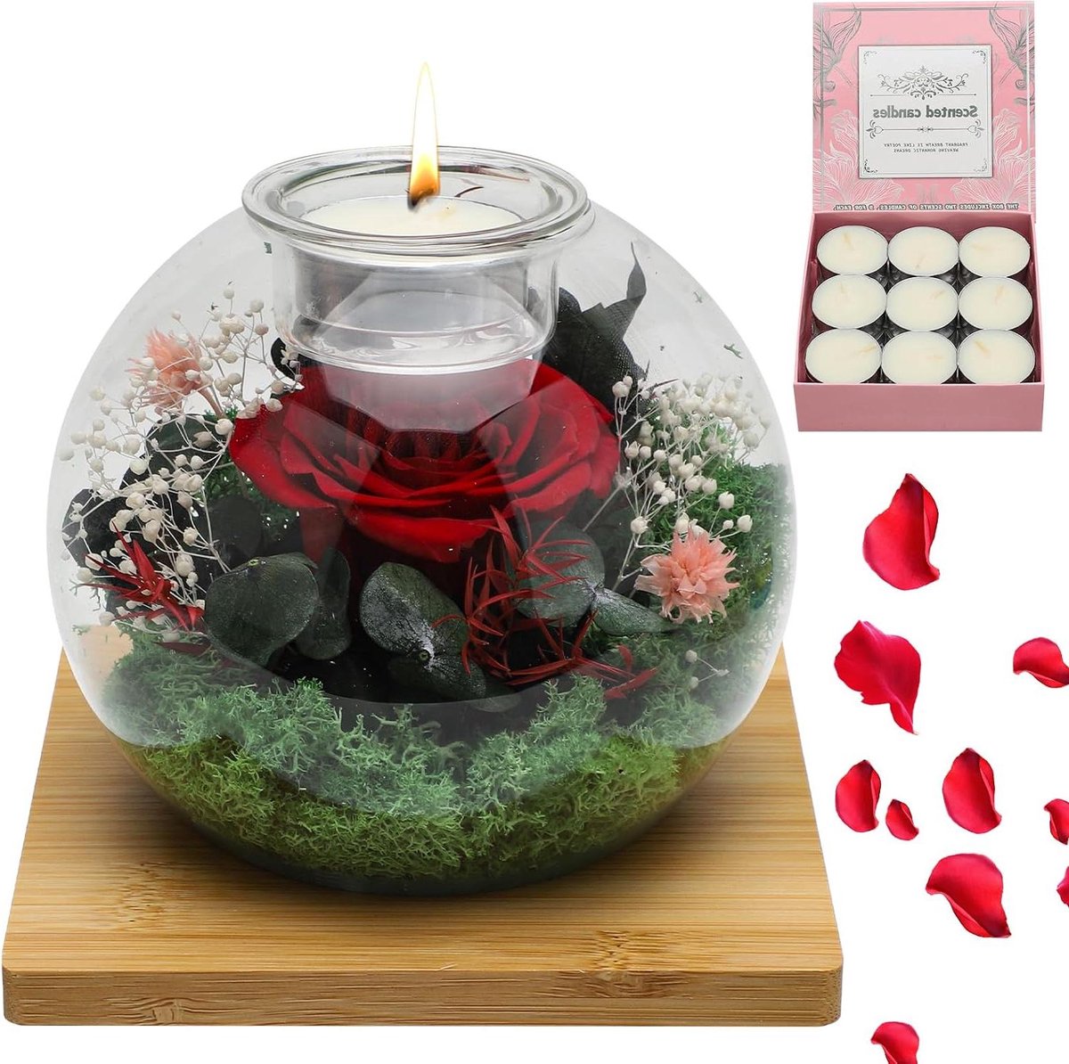 Eeuwige Roos Geschenk - Gepreserveerde Bloem - Decoratie Huis - Met Geurkaarsen - 15x15x17 cm - Rood Groen