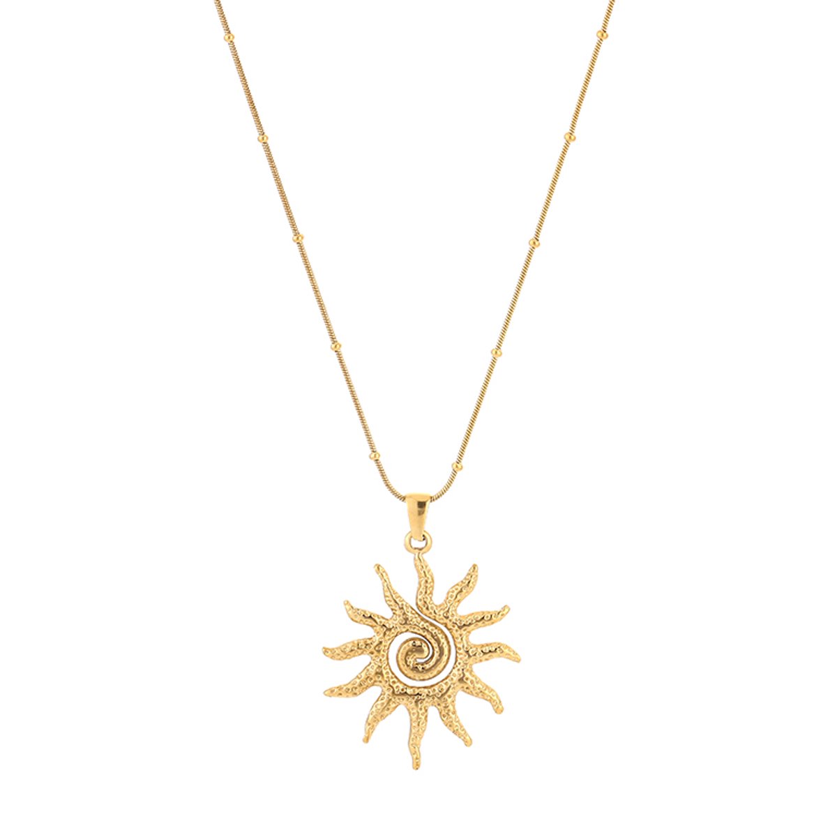 Modieuze Roestvrij Stalen Ketting - Fijne Bolletjesketting met Zomerse Zon Hanger - Stainless Steel Sieraad - Goud