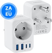 Voomy Reisstekker Zuid Afrika - Met 2 Usb-C & 2 Usb-A - Wereldstekker Type M - Geschikt voor Zuid-Afrika, India, Nepal, Maleisie, Namibie, Sri Lanka, Singapore - Wit