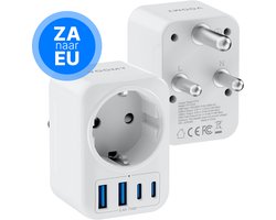Voomy Reisstekker Zuid Afrika - Met 2 Usb-C & 2 Usb-A - Wereldstekker Type M - Geschikt voor Zuid-Afrika, India, Nepal, Maleisie, Namibie, Sri Lanka, Singapore - Wit