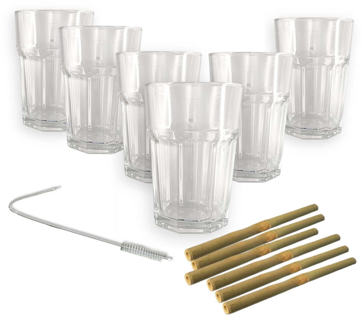 Dailygoods - Mojito Set - 6 Glazen, 6 Bamboe Rietjes en 1 Flessenborstel - Cocktail Set - Herbruikbaar
