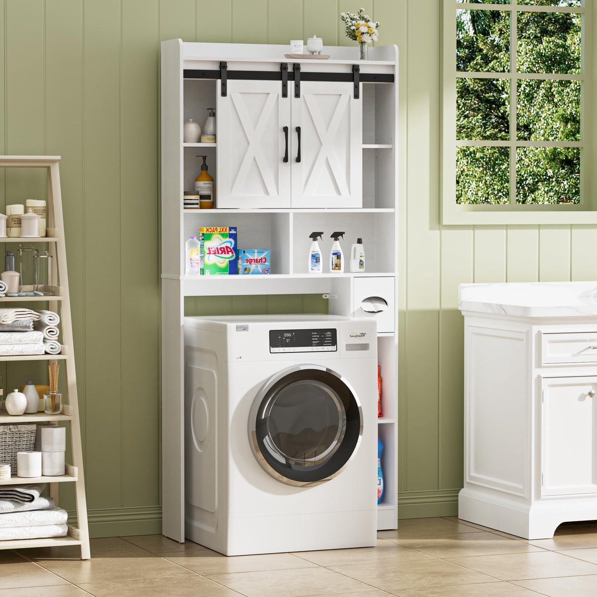 Dailygoods- Wasmachinekast met 2 schuifdeuren - Verstelbare planken - Wasmachinerek met zijvak - 4 open vakken - Modern design - Veiligheidswaarschuwing bevestigen aan muur - Opbergkast