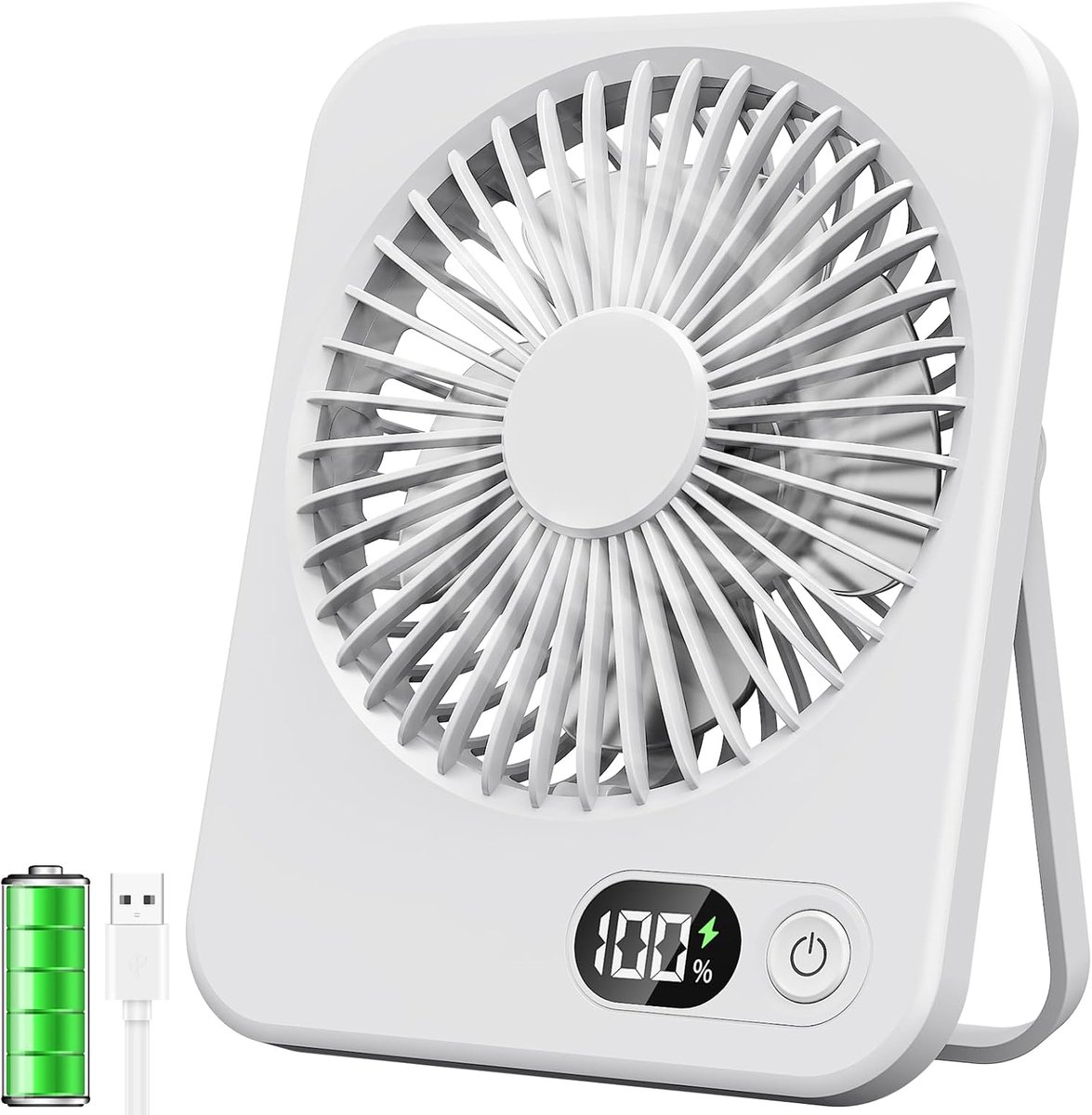 Draagbare ventilator - Mini - Draagbaar - USB - Bureauventilator - Met LCD-display - Stille werking, 5 windsnelheden - Oplaadbaar - Geschikt voor kantoor/thuis/camping - Wit