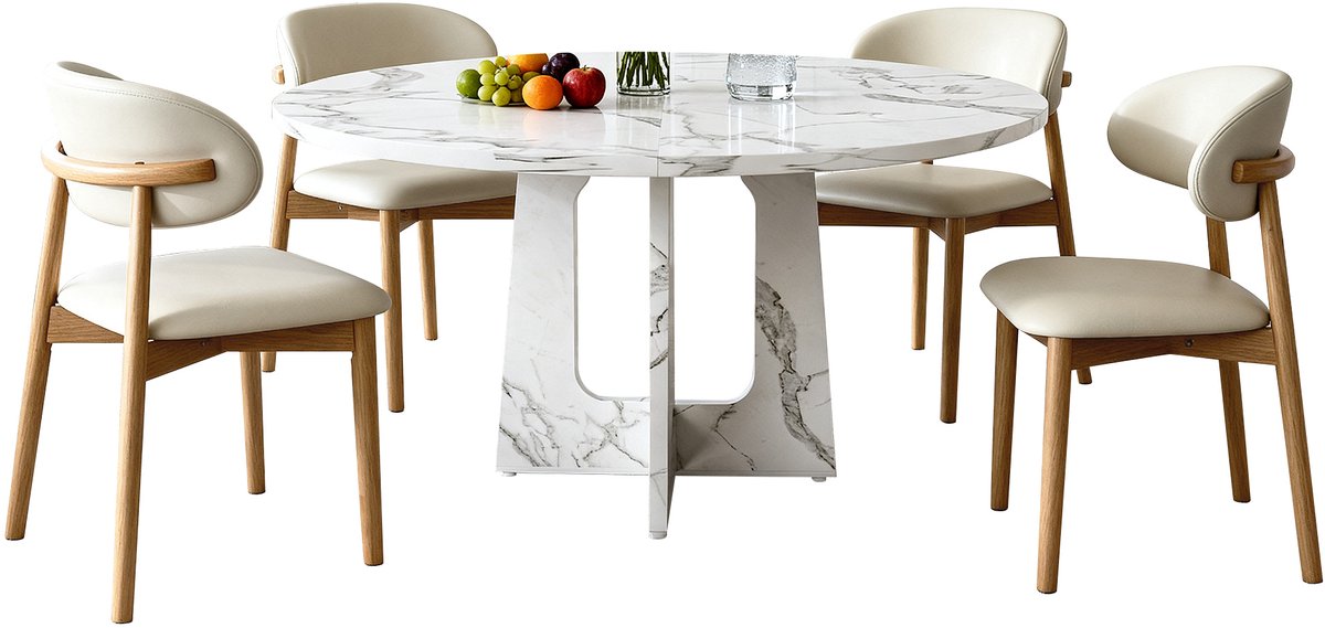 REDOM - Set tafel en stoelen - Ronde eettafel met 4 stoelen - MDF tafelblad met marmereffect - Eikenhouten poten - Modern - Eetkamer - Wit - 120 x 76 cm