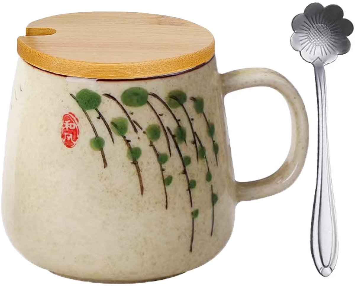 Dailygoods - Keramische Koffiemok met Deksel, Handgeschilderd Japanse Koffiemok 400ml