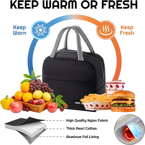 VHV-Geïsoleerde Lunchtas 5L - Herbruikbare Thermische Koeltas voor Dames en Heren - Waterdichte Lunchbox Tas met Lekvrij Futter - Ideaal voor Werk, School en Picknick - Zwart van Vhv — afbeelding 4