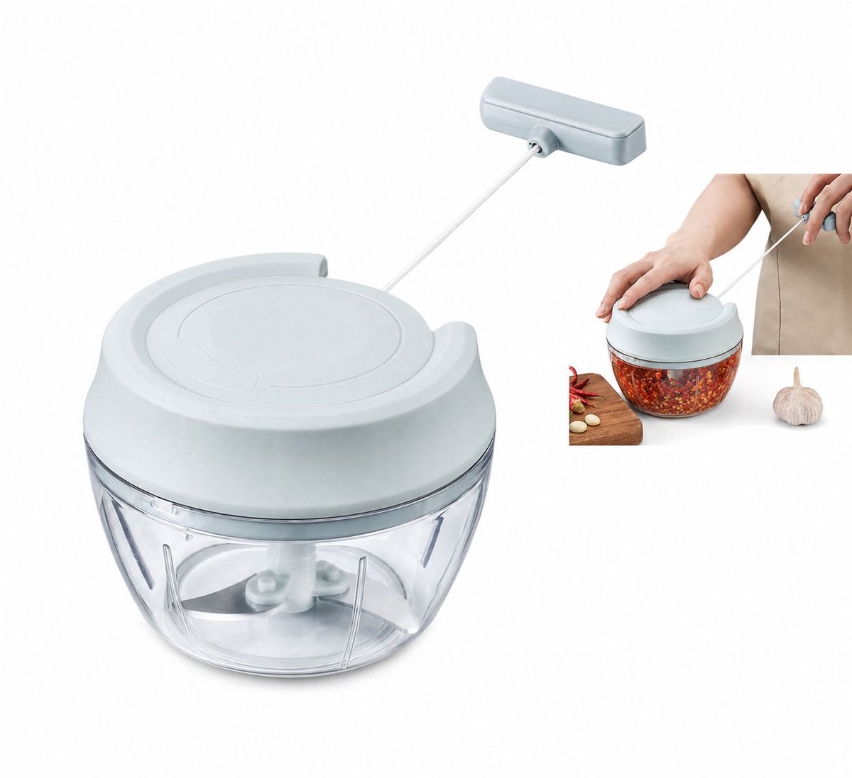 VHV - Handmatige Hakmolen 160 ml - Knoflooksnijder en Groentehakker - Compact voor Keuken en Camping