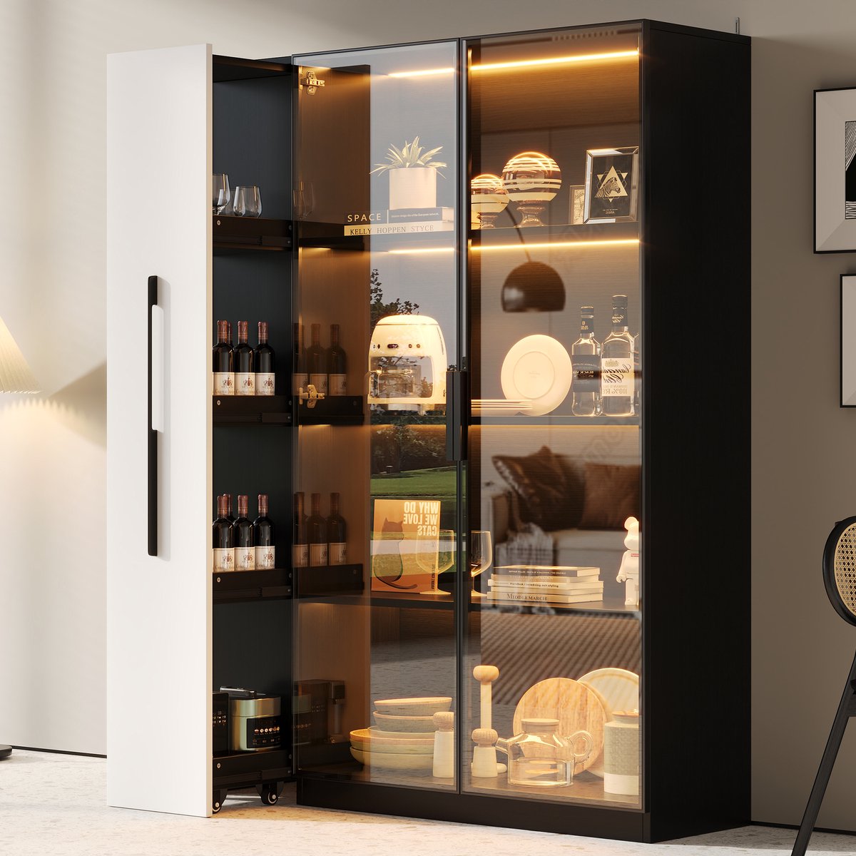 110,5x35x160 cm vitrinekast met glazen deur en LED-verlichting - wandkast - zwart en wit - hoge kast - boekenplank - eetkamerkast
