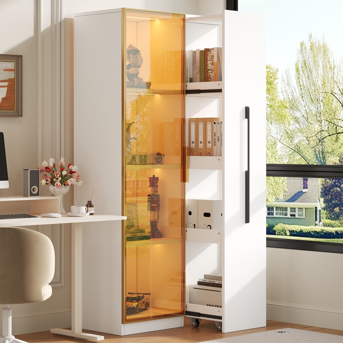 Vitrinekast met deur van gehard glas - boekenplank - aluminium deurkozijn - met laden - met wielen en LED-verlichting - wit