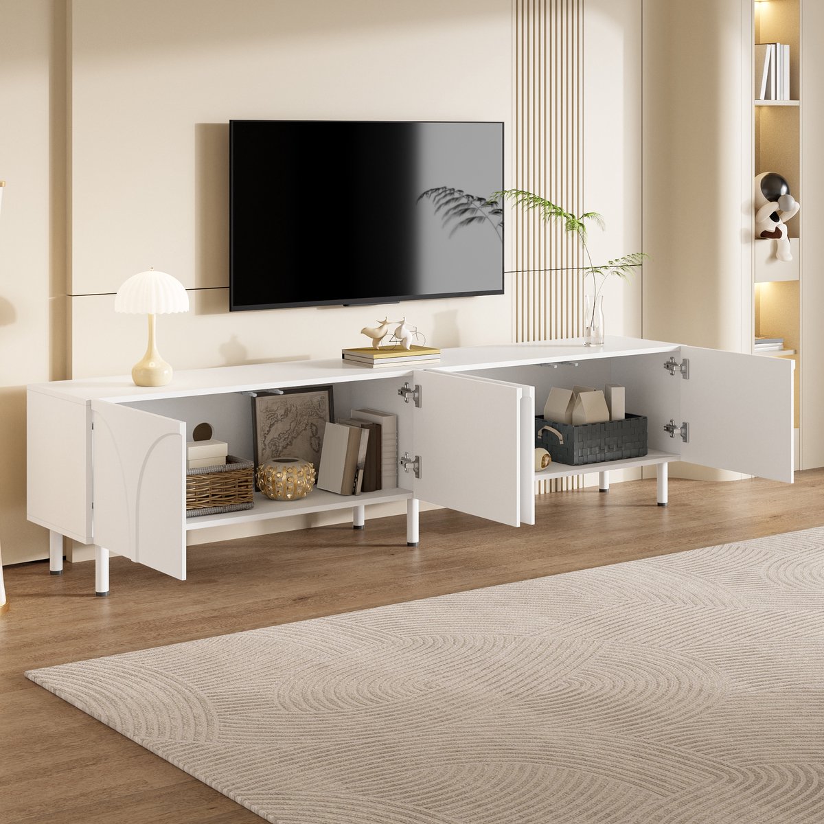 Tv meubel met driedimensionale gebogen lijnen - lage kast - vier deuren - veel opbergruimte - metalen poten - woonkamer - wit