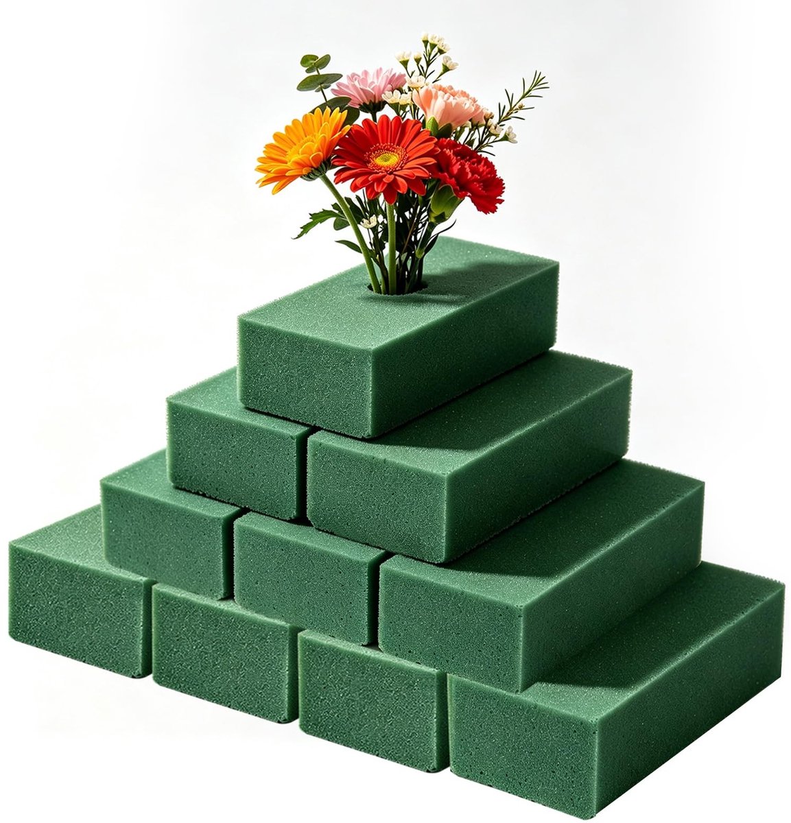 Dailygoods- Steekschuim Set van 10 Stuks - 14 x 8 x 4 cm - Groen - Voor Verse/Kunstbloemen - Zelfsnijdbaar - Ideaal voor Bloemstukken - Bloemschuim