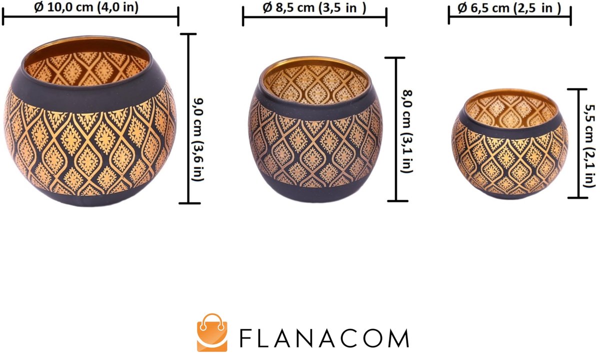 SnelShoppen - Flanacom Waxinelichthouders Glas Oosters Design Set 3 Stuks - Mozaiek Goud Zwart Theelichthouders - Decoratieve Kaarsenhouders voor Fees