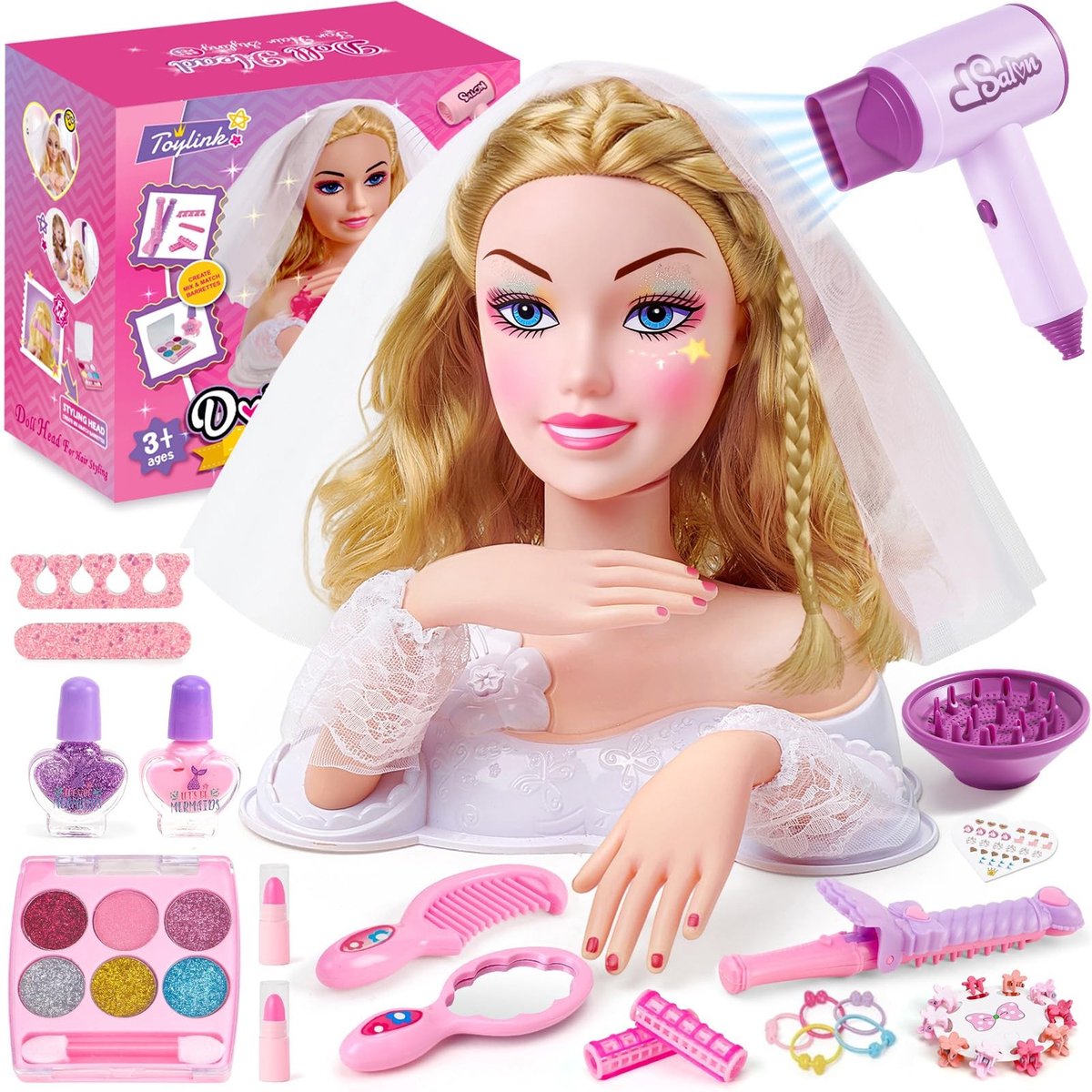 Dailygoods- Bruidspop met afneembare sluier - Kappershoofd - Speelgoedset - Haarstyling-accessoires - Make-up - Nagelstickers - Fantasierijk rollenspel - Poppenhoofd