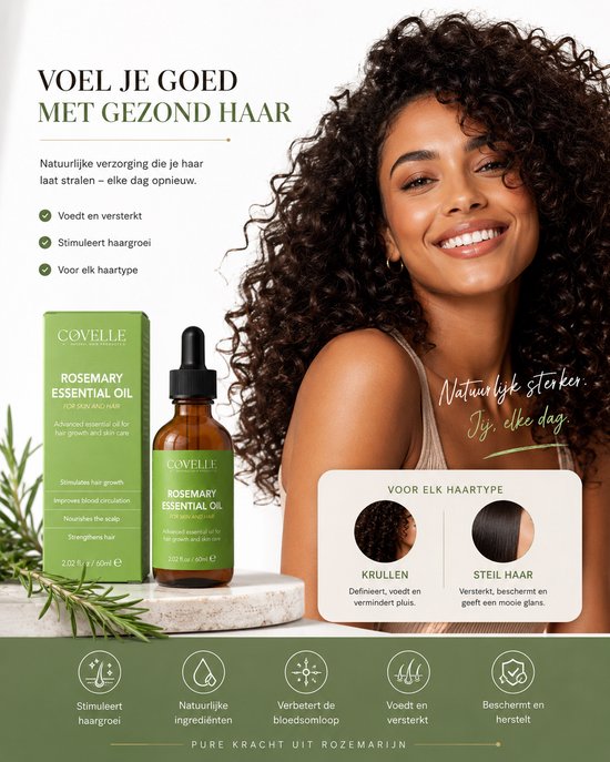 Vrolijk model met krullend haar naast flesje rozemarijnolie. Text: Natuurlijk sterker. Jij, elke dag.