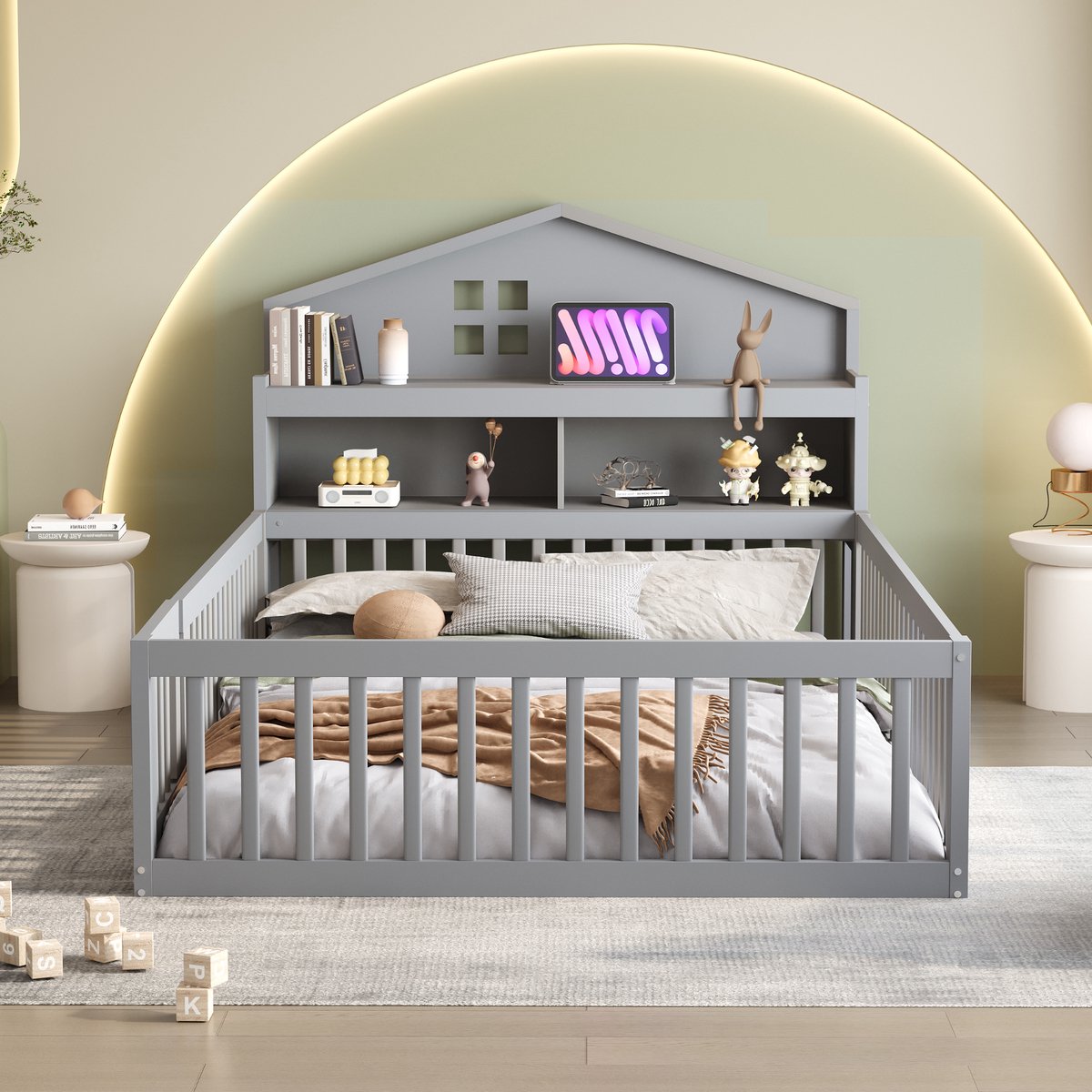 COVREO Kinderbed 140x200 cm grijs met opbergvakken, huisvormig frame en lattenbodem